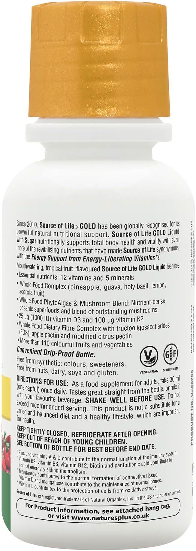 Natures Plus Source of Life Gold Multivitamin Liquid - 8 oz - with Vitamins D3, B12 & K2 - Blood, Bone & Immune Support - Vegetarian & Gluten Free - 8 Servings