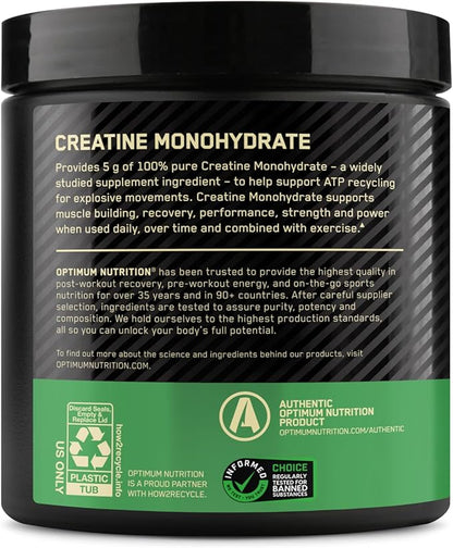 Optimum Nutrition Micronized Creatine Monohydrate Powder, Unflavored, Keto Friendly, 60 Servings (Packaging May Vary)