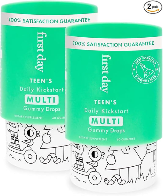 FIRST DAY Teens Daily Kickstart Multivitamin Gummies for Ages 14+ – Vitamins A, B1, B2, B6, E, B12, C, D3 & K2 + Zinc & Folate – Made w/Organic Fruits & Veggies, Only 2g Sugar – 2-Pk, 60 Day Supply