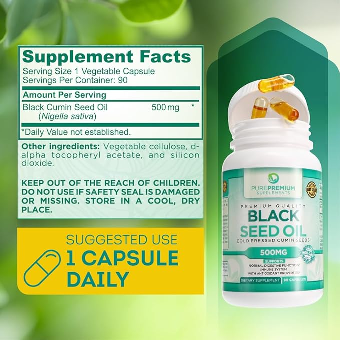 PurePremium Black Seed Oil 500mg - Organic Nigella Sativa Seeds - Cold Pressed Black Cumin Seed Oil Extract - Hair & Skin Blackseed Oil Supplement for Men and Women - 3 Months Supply - 90 Capsules
