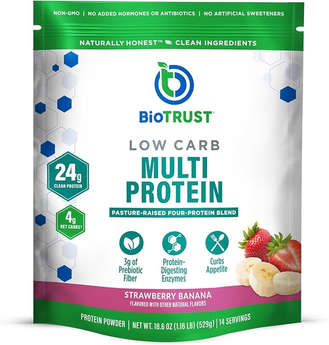 BioTrust Low Carb Protein Powder – Delicious Whey & Casein Blend from Grass-Fed Hormone Free Cows – Non GMO, Gluten Free (Strawberry Banana)