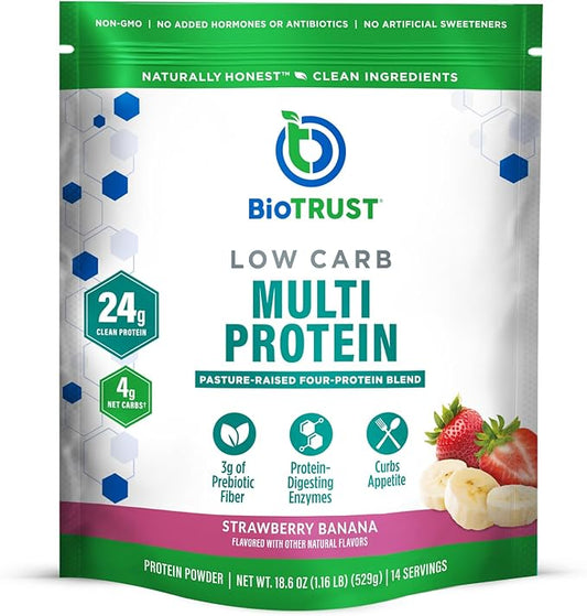 BioTrust Low Carb Protein Powder – Delicious Whey & Casein Blend from Grass-Fed Hormone Free Cows – Non GMO, Gluten Free (Strawberry Banana)