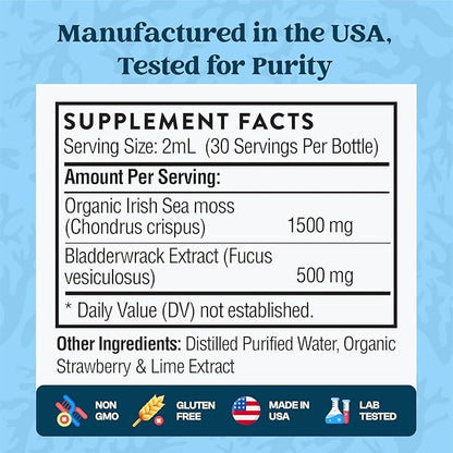 Organic Sea Moss Drops - Irish Sea Moss - 4X Stronger than Sea Moss Gel, Capsules and Gummies - Superfood Seamoss - Joint Support Supplement - Immune Support Supplement (Strawberry Lime, 60mL)