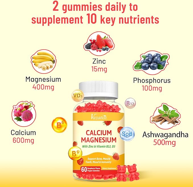 Calcium Gummies with Magnesium, Zinc, Vitamin D3 & B12, Calcium Supplements for Women Men, Support Bone, Muscle and Immunity, 60 Vegan Raspberry Flavor Gummies