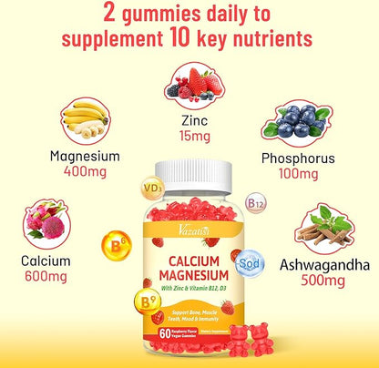 Calcium Gummies with Magnesium, Zinc, Vitamin D3 & B12, Calcium Supplements for Women Men, Support Bone, Muscle and Immunity, 60 Vegan Raspberry Flavor Gummies
