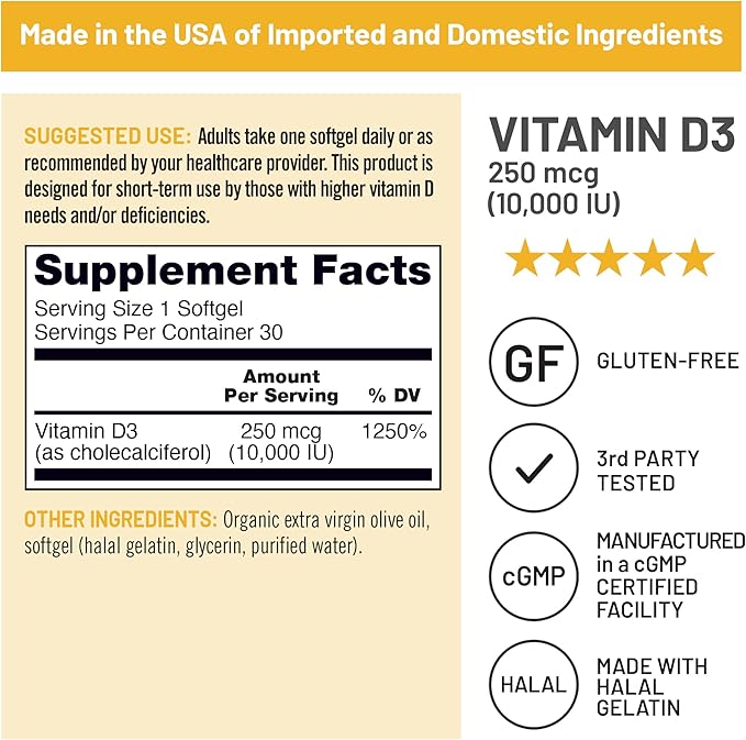 NatureWise Vitamin D3 10,000IU (250 mcg) Extra Strength for Healthy Muscle Function and Immune Support, Non-GMO, Gluten Free in Organic Extra Virgin Olive Oil, Softgel, 30 Count[1-Month Supply]