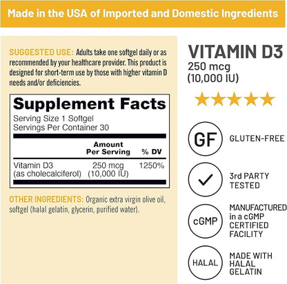 NatureWise Vitamin D3 10,000IU (250 mcg) Extra Strength for Healthy Muscle Function and Immune Support, Non-GMO, Gluten Free in Organic Extra Virgin Olive Oil, Softgel, 30 Count[1-Month Supply]