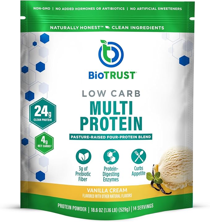 BioTrust Low Carb Protein Powder – Natural and Delicious Whey & Casein Blend from Grass-Fed Hormone Free Cows – Non GMO, Soy Free, Gluten Free, Hormone Free (Vanilla)
