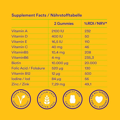 Probears® Biotin (B7) Vegan Hair Growth Gummies Vitamins - 10.000 mcg,Essential Vitamins A, B5, B6, B12, C, D2, E for Hair Loss Prevention - Gluten-Free, Gelatin-Free, Halal - 60 Count