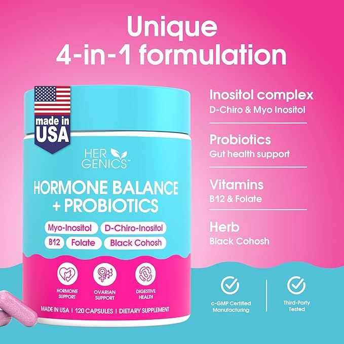 Natural Hormone Balance for Women, PCOS Supplements w/ Probiotics - Myo-Inositol & D-Chiro Inositol & Black Cohosh w/ Folate & B12 - PCOS Supplements for Hormone Balance, Female Vitamins 120 Capsules