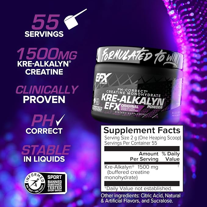 EFX Sports Kre-Alkalyn EFX Powder | pH Correct Creatine Monohydrate Powder Supplement | Strength, Muscle Growth & Performance | 55 Servings (Blue Frost)
