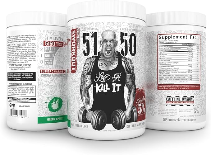 5% Nutrition Rich Piana 5150 High Stim Pre-Workout Powder | Extreme Energy, Focus, Pumps & Endurance | 400 mg Caffeine, Citrulline, Beta Alanine, N-Acetyl L-Tyrosine | 30 Srvgs (Green Apple)