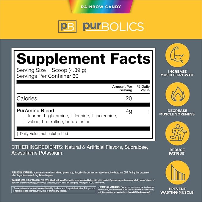 Aminos | 4g of Free-Form Amino Acids, Beta-Alanine, 0 Calories & 60 Servings (Rainbow Candy)