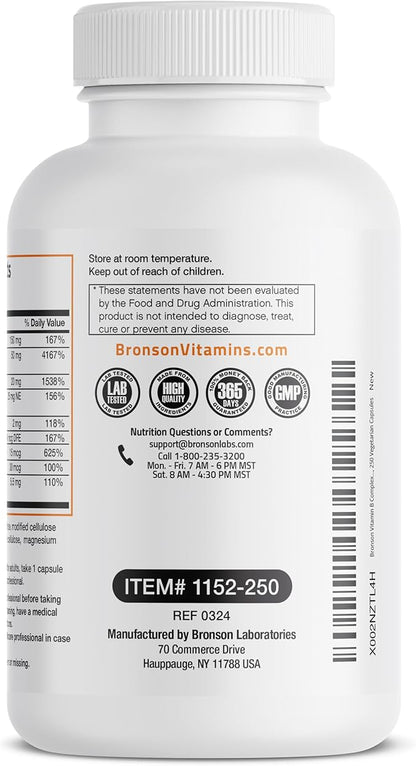 Bronson Vitamin B Complex with Vitamin C - Immune Health, Energy Support & Nervous System Support - Non-GMO, 250 Vegetarian Capsules