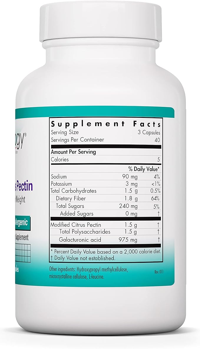 NutriCology Modified Citrus Pectin Supplement for Gut Support - Modified Citrus Pectin Capsules for Men & Women, Hypoallergenic, Gluten Free, Reduced Molecular Weight - 120 Vegetarian Capsules