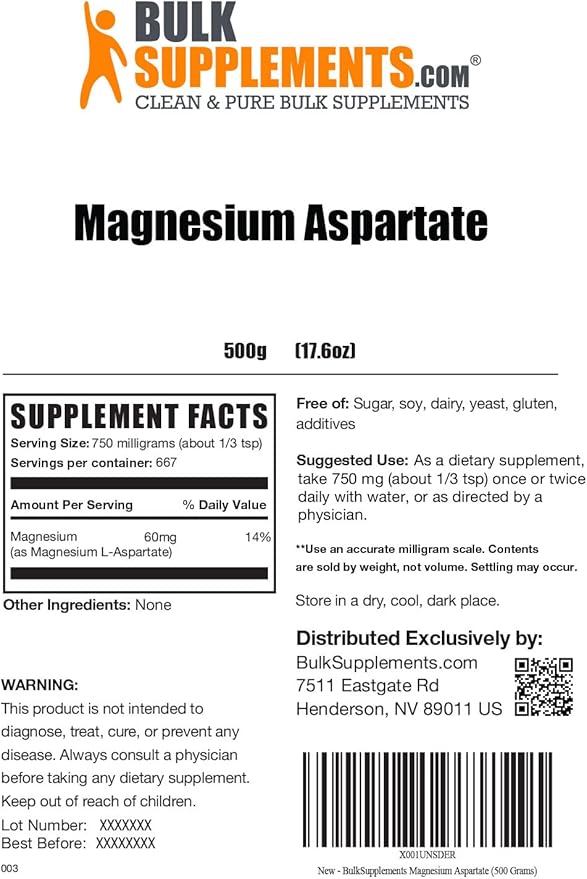 BulkSupplements.com Magnesium L-Aspartate Powder - High Absorption Magnesium, Magnesium Aspartate Powder - Gluten Free, 750mg (150mg of Magnesium) per Serving, 500g (1.1 lbs) (Pack of 1)