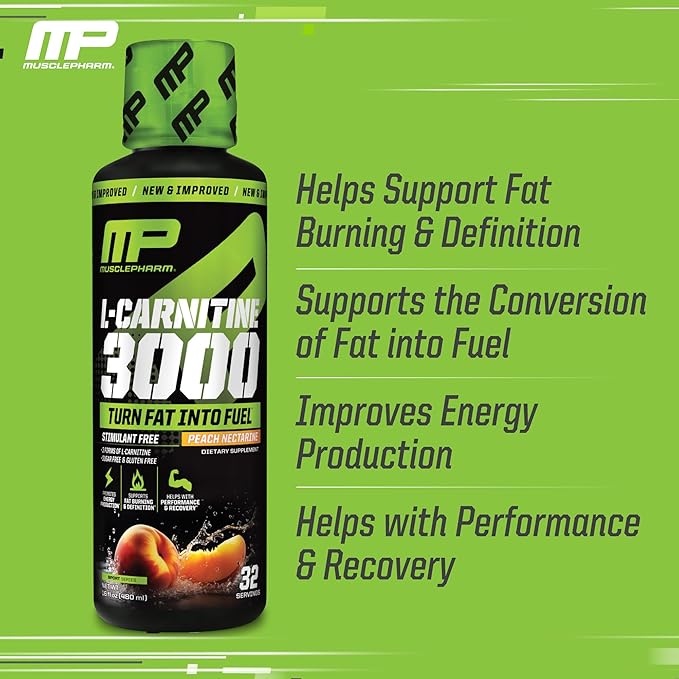Muscle Pharm L-Carnitine 3000, The Ultimate Liquid L Carnitine Supplement for High-Performance, Supports Metabolism, Hydration & Energy, Zero Sugar/Calories, Peach Nectarine Flavor, 32 Servings