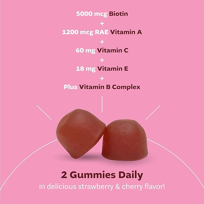 HSN Gummies - Hair Skin and Nails Gummies - Sugar Free Biotin Gummies 5000mcg with Full Vitamin Complex for Hair Growth, Healthy Skin, Nail Strength - 60 Ct Strawberry & Cherry Flavor