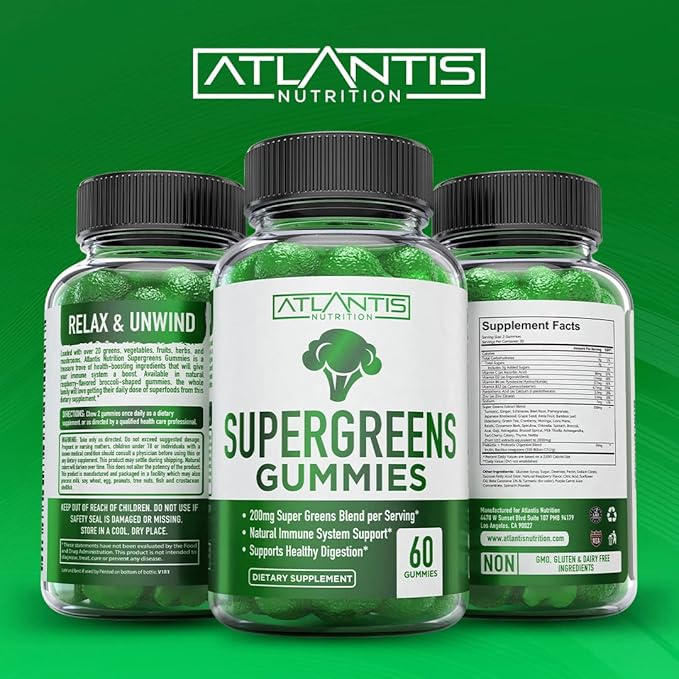 Supergreens Gummies - Daily Green Superfoods Supplement with Spinach, Broccoli, Moringa, Beet Root, Celery, Green Tea, & Acai for Immunity Support - Natural Raspberry Flavor, 60 Supergreen Gummies