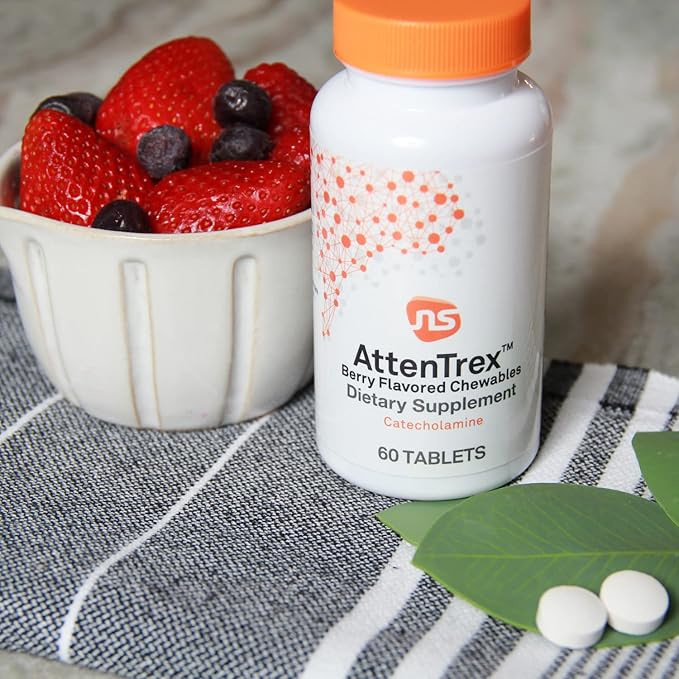 NeuroScience Brain Energy & Focus Supplement for Adults, Teens & Children - AttenTrex - Support Brain Health & Optimal Attention - Tackle Assignments & To-Do Lists - Berry Flavor (60 Chewable Tablets)