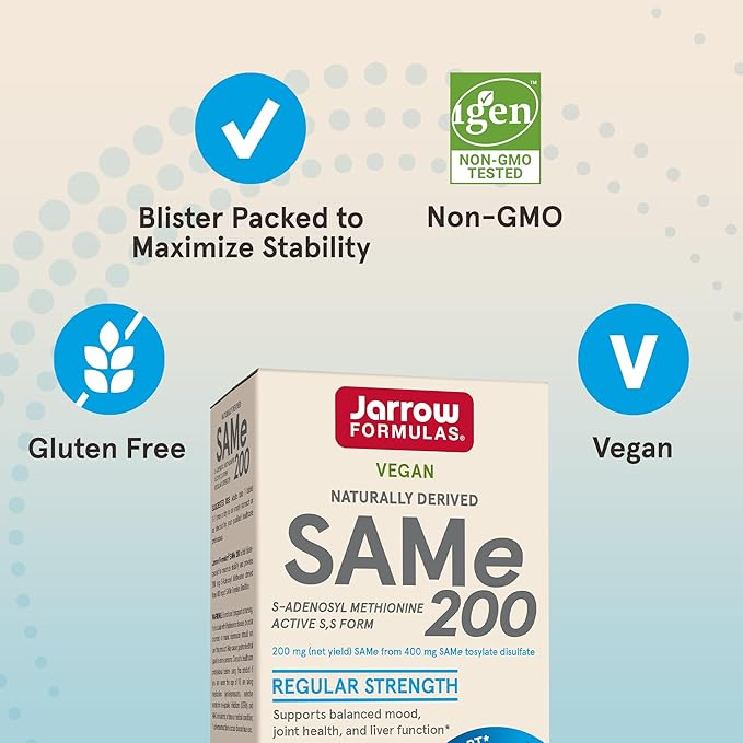 Jarrow Formulas® SAMe 200 mg, Supports Joint Health, Liver Function, Brain Metabolism, 60 Tablets, Up To A 60 Day Supply