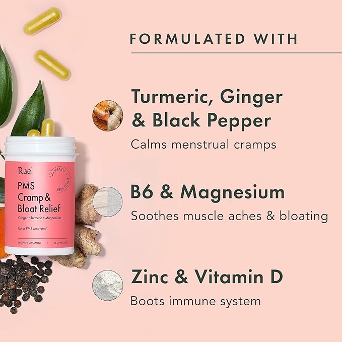 Rael PMS Supplement - Hormone Balance for Women, PMS Relief, Menstrual Cramps, Period Bloating, Mood Swings Treatment with Turmeric, Ginger, Magnesium, No NSAIDs, Vegan (28 Capsules)