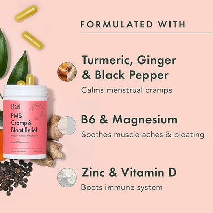 Rael PMS Supplement - Hormone Balance for Women, PMS Relief, Menstrual Cramps, Period Bloating, Mood Swings Treatment with Turmeric, Ginger, Magnesium, No NSAIDs, Vegan (28 Capsules)