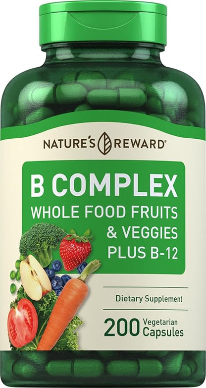 Piping Rock B Complex with Whole Food Fruits & Veggies 200 Capsules | Plus Vitamin B-12 | Non-GMO & Vegetarian Supplement