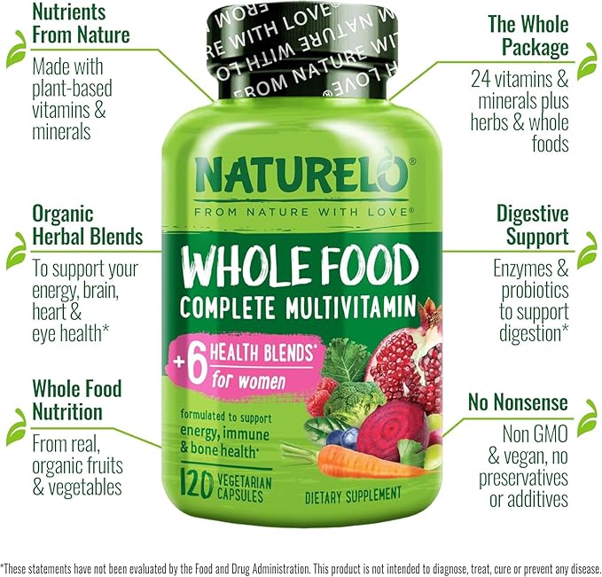 NATURELO Whole Food Multivitamin for Women - with Vitamins, Minerals, & Organic Extracts - Supplement for Energy and Heart Health - Vegan - Non GMO - 120 Capsules