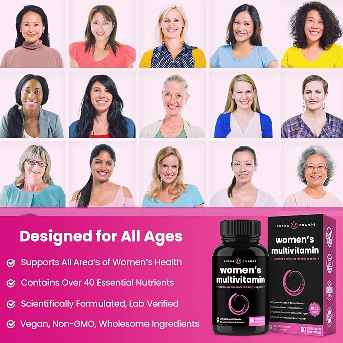 NutraChamps Women's Daily Multivitamin Supplement - Vegan Capsules with Biotin, Vitamins A B C D E K, Calcium, Zinc, Lutein, Magnesium - Premium Multimineral Multivitamin for Women