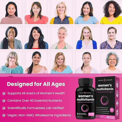 NutraChamps Women's Daily Multivitamin Supplement - Vegan Capsules with Biotin, Vitamins A B C D E K, Calcium, Zinc, Lutein, Magnesium - Premium Multimineral Multivitamin for Women