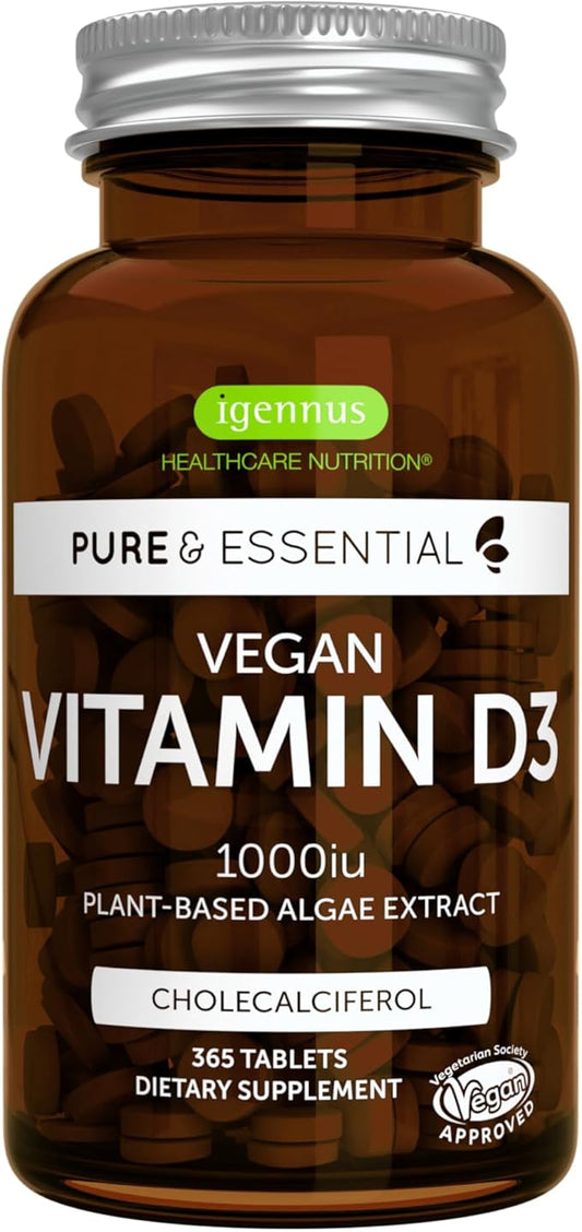 Igennus Healthcare Nutrition Natural Vegan Vitamin D3 1000IU, 365 Tablets, 100% Plant-Based Algae Cholecalciferol & Non-GMO, Immune, Bones & Teeth, 1-Year Supply