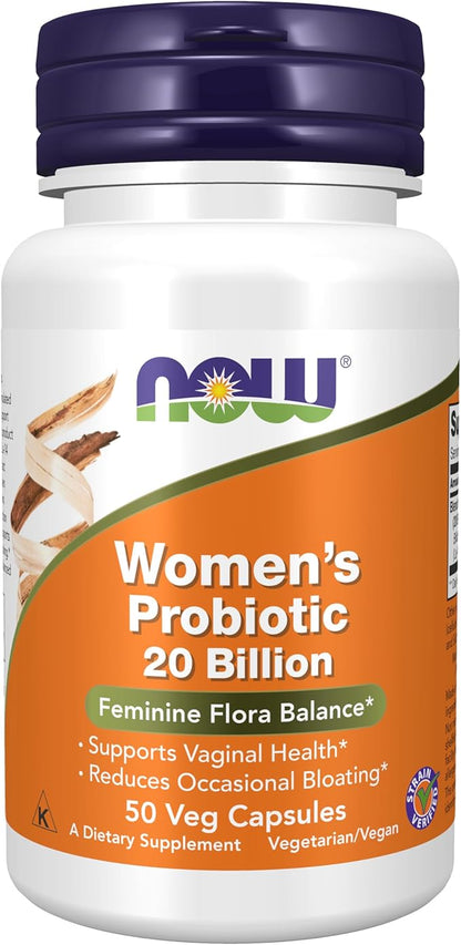 NOW Foods Supplements, Women's Probiotic, 20 Billion, Specially Formulated using Three Clinically Tested Probiotic Strains, 50 Veg Capsules