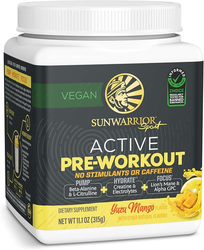 Pre Workout Powder Energy Drink Non-Stim & Caffeine Free | Vegan Plant-Based Pre-Workout Supplement | Pump Hydrate Focus Endurance & Strength Builder | Yuzu Mango Flavored 30 Serving Active Preworkout