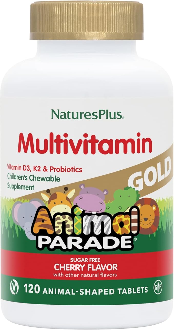 Natures Plus Animal Parade Gold Children's Chewable Multivitamin - Natural Cherry Flavor - 60 Animal Shaped-Tablets - with Vitamin D3, K2 & Probiotics - Vegetarian & Gluten Free - 120 Servings