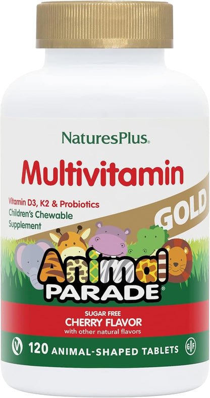 Natures Plus Animal Parade Gold Children's Chewable Multivitamin - Natural Cherry Flavor - 60 Animal Shaped-Tablets - with Vitamin D3, K2 & Probiotics - Vegetarian & Gluten Free - 120 Servings