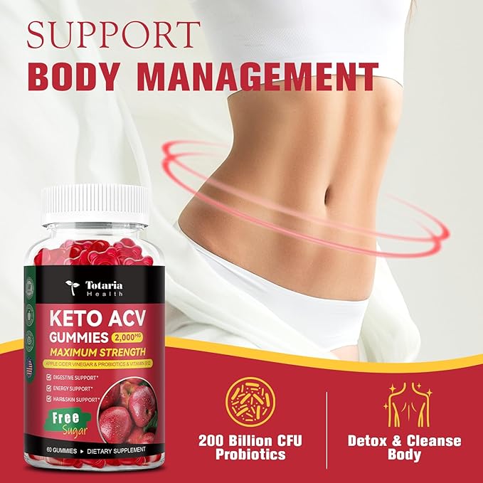 Keto ACV Gummies - 2000mg Apple Cider Vinegar Gummies Sugar-Free Support Stature Health with Probiotics, B12, Keto Supplements for Women & Men 60 Gummies