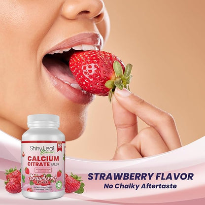 Shiny Leaf Bariatric Calcium Citrate 600mg - Calcium Supplement for Bariatric Patients, 120 Ct Chewable Tablets with Magnesium, Vitamin D3, Natural Strawberry Flavor, Vegetarian Formula (2 Months)