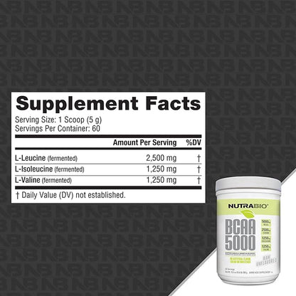 NutraBio BCAA 5000 Powder - Fermented Branched Chain Amino Acids for Muscle Growth & Recovery - Natural Flavors, Sweeteners, and Coloring, Vegan, Gluten Free - Unflavored, 60 Servings