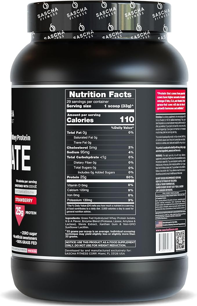 SASCHA FITNESS Hydrolyzed Whey Protein Isolate,100% Grass-Fed (2 Pounds, Strawberry)