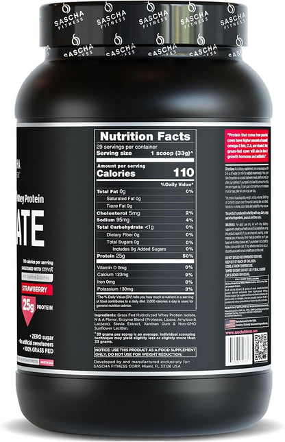SASCHA FITNESS Hydrolyzed Whey Protein Isolate,100% Grass-Fed (2 Pounds, Strawberry)