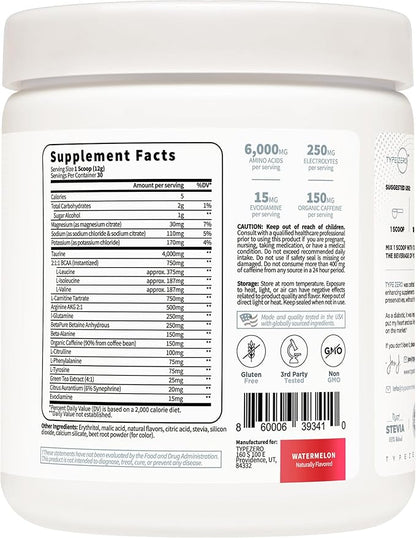 Type Zero AminoBurn - Vegan Amino Acids Energy Pre Workout Drink for Women/Men (Watermelon) Sugar-Free Energy Drink Powder & Amino Acids Supplement - Natural Preworkout Energy