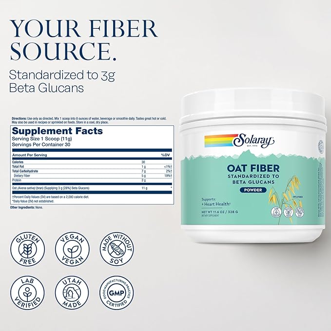 SOLARAY Oat Fiber - Soluble Fiber Supplement Powder - Standardized to Beta Glucans for Heart Health Support - Unflavored, Gluten Free, Vegan, 60 Day Guarantee, Lab Verified - 30 Servings, 11.6oz