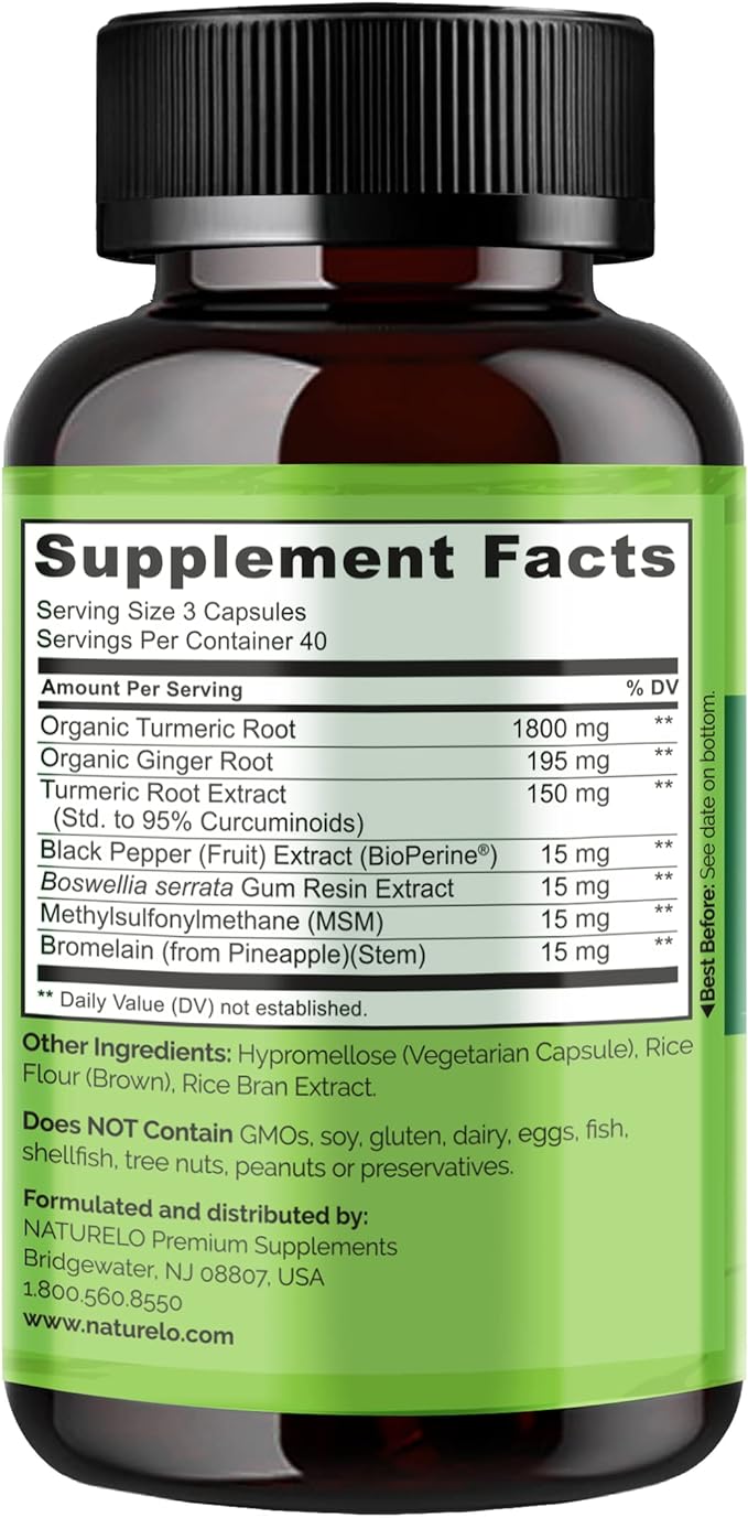 NATURELO Turmeric Curcumin - BioPerine for Better Absorption - Curcuminoids, Black Pepper, Ginger Powder - Plant-Based Joint Support - 120 Vegan Capsules