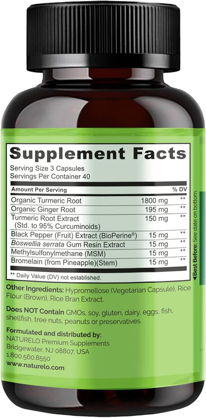 NATURELO Turmeric Curcumin - BioPerine for Better Absorption - Curcuminoids, Black Pepper, Ginger Powder - Plant-Based Joint Support - 120 Vegan Capsules