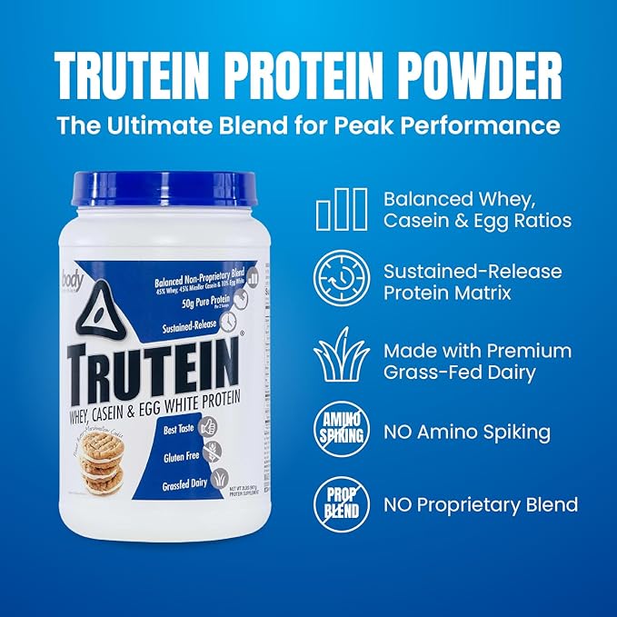 Body Nutrition Trutein High Protein Powder: 45% Whey, 45% Casein, 10% Egg White, Gluten-Free, Low Sodium, Grass Fed Whey Protein Powder, Gym Supplement & Breakfast Shake, Peanut Butter Marshmallow 2lb