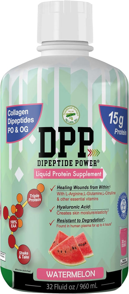 Nutritional Designs DPP Dipeptide, Wound-Healing Liquid Collagen & Whey Protein Supplement, Sugar-Free, Promotes Healthy Skin & Hair for Men & Women (Watermelon, Bottle 32 Fl Oz)