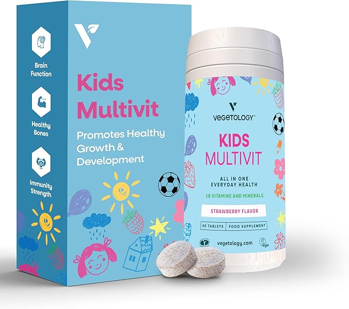Kids MultiVitamin Supplement, Vegan Chewable Multivitamin for Immune Support, Energy, & Growth, 18 Essential Vitamins & Minerals, Ages 4+ - 60 Tablets, Strawberry