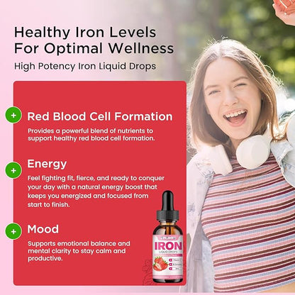 Liquid Iron Supplement for Women Men & Kids Multivitamin Iron Drops with Folate, Vitamin C, B6, B12, Zinc for Anemia, Iron Deficiency, Blood Builder, Energy - Natural Strawberry Flavor, Vegan 4 Fl Oz