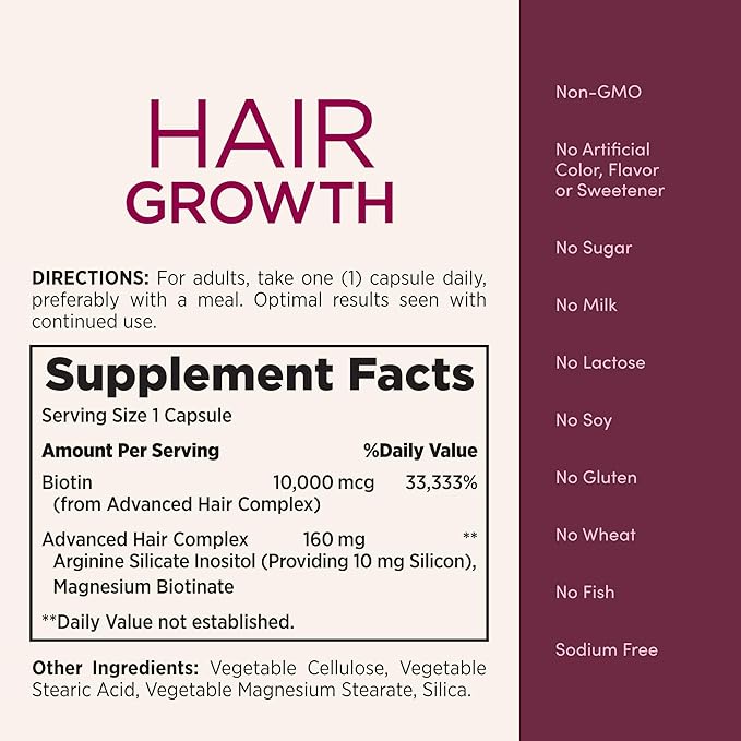 Nature's Bounty Hair Growth Supplement, 1 Per Day, Clinically Shown to Support Thicker, Fuller Hair, with Biotin, Silicon & Arginine, 30 Capsules